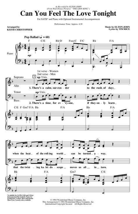 Elton John Can You Feel The Love Tonight Sheet Music For Part Choir