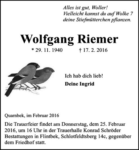 Traueranzeigen Von Wolfgang Riemer Trauer Anzeigen De