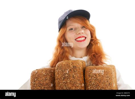 Female Baker Chef With Red Hair And Baked Bread Isolated Over White