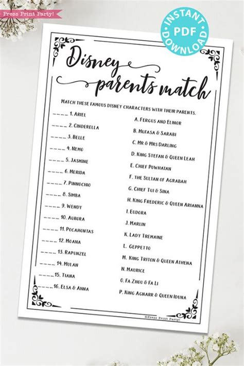 Disney Parents Match Baby Shower Game Printable Press Print Party