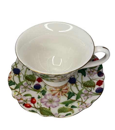 Graces Teaware Tea Cup And Saucer Floral Berries Gold Trim Foot