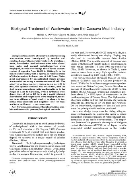 Pdf Biological Treatment Of Wastewater From The Cassava Meal Industry