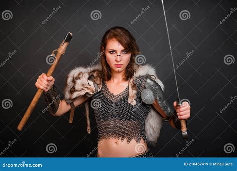 Barbarian Woman Warrior In Chainmail Armor With Bracers Armor Shoulder