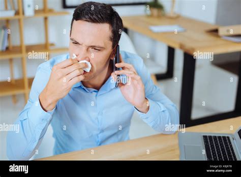 Confident Brunette Worker Having Running Nose Stock Photo Alamy