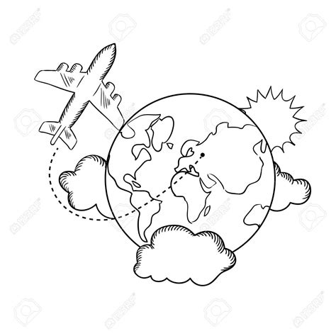 Air Travel With Flying Airplane And Earth Globe With Clouds And