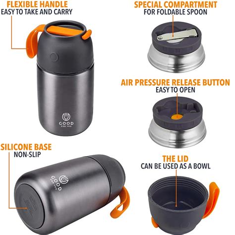 Insulated Food Flask GREY 730ml Stainless Steel Jar For Hot And Cold Meals Double Wall