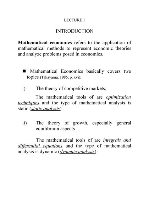 Lecture 1 Notes LECTURE 1 INTRODUCTION Mathematical Economics Refers