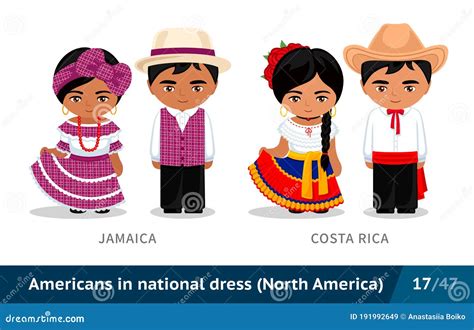 Jamaica, Costa Rica. Men and Women in National Dress. Set of People ...