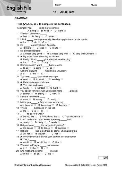 English File Fourth Edition Elementary Quicktest Q Ox Studocu