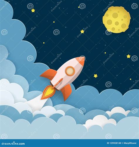 Rocket Launch To The Moon Cute Space Background With Stars Moon