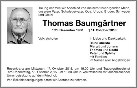 Traueranzeigen Von Thomas Baumg Rtner Augsburger Allgemeine Zeitung