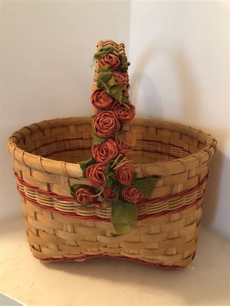 Vintage Handwoven Split Reed Basket With Handle And Flowers By