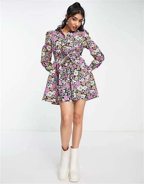 Miss Selfridge Ruched Front Mini Shirt Dress In Retro Floral Asos