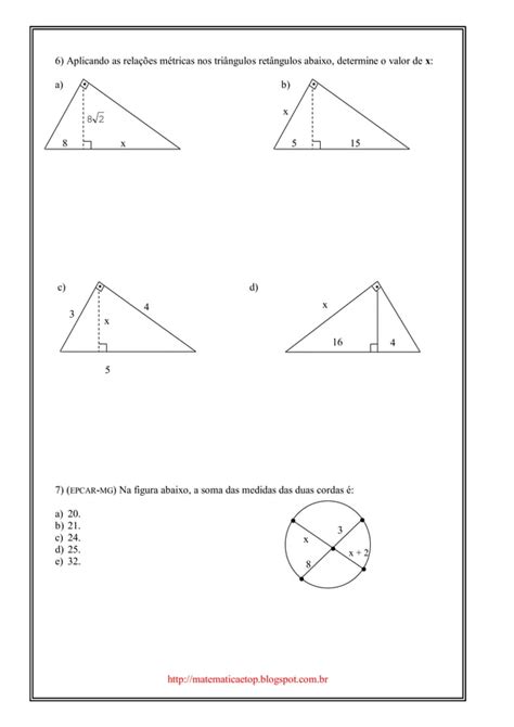 Lista De Exercícios Relações Métricas No Triângulo Retângulo E Na