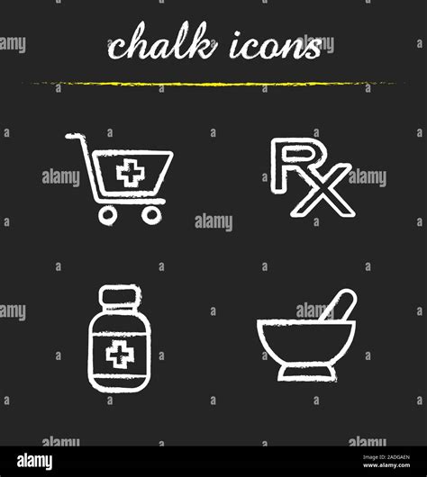 Pharmacy Chalk Icons Set Drugstore Shopping Cart With Cross Rx Sign