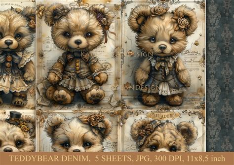 Teddybear Denim Digital Download Junk Journal Scrapbooking Clip Art