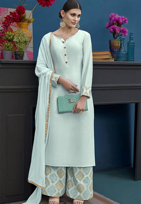 Light Blue Silk Palazzo Style Suit 10124