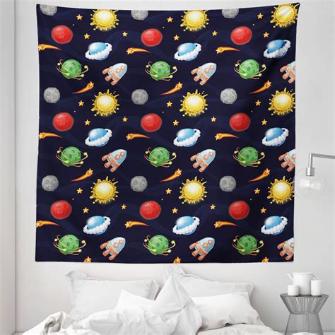 Space Tapestry Cartoon Style Cosmos Themed Illustration Sun With Stars