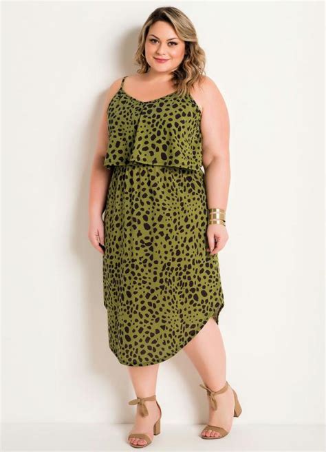 Vestido De Alças Onça Verde Plus Size Marguerite