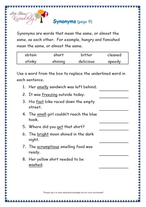 Grade 3 Grammar Topic 27 Synonyms Worksheets Lets Share Knowledge