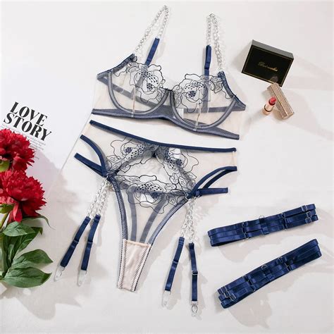 Ellolace Floral Lace Lingerie Set Transparent Embroidery Push Up Bras Luxury Intimate Set For