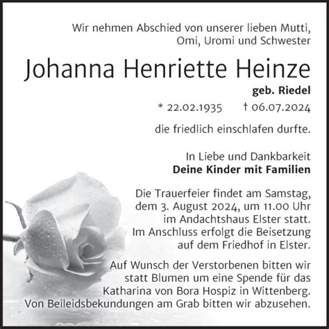 Traueranzeigen Von Johanna Henriette Heinze Abschied Nehmen De