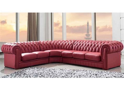 Grand Canape D Angle Chesterfield En Cuir Rouge Capitonne Angle Gauche