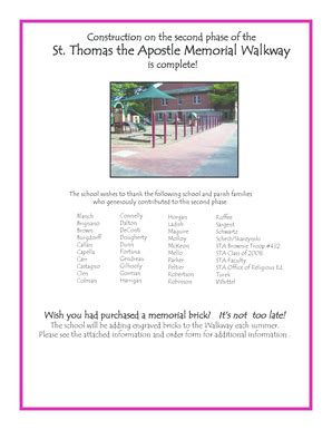 Fillable Online Stthomasapostlewh Memorial Walkway Information On The