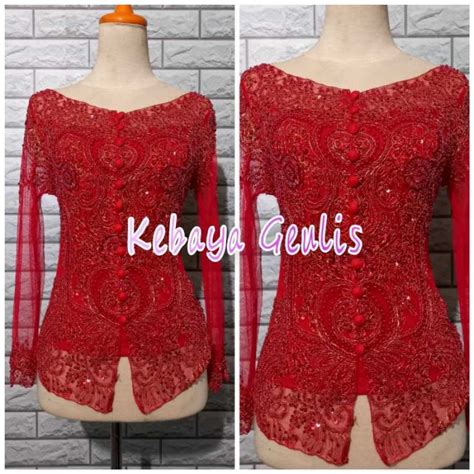 Jual Atasan Kebaya Pesta Kebaya Modern Kerah Sabrina Warna Merah Cabe