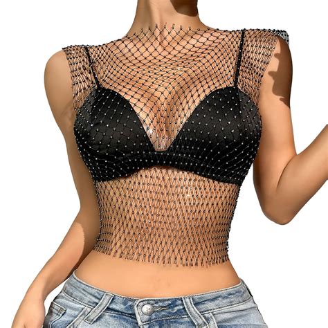 Lgaswyx Beautiful Bra Womens Sexy Rhinestone Mesh Tank Tops See