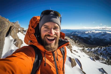 Premium Photo A Man Captures His Triumph On The Mountaintop As He