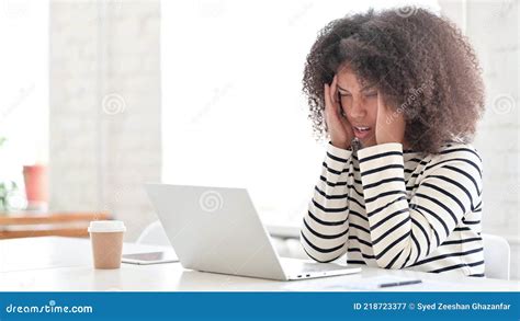 Stressed African Woman With Laptop Having Headache Stock Image Image