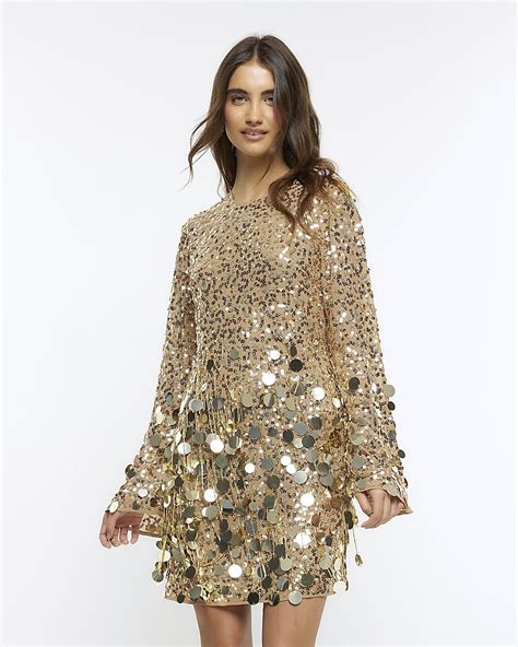 River Island Gold Sequin Detail Bodycon Mini Dress In Natural Lyst