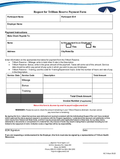 Fillable Online Request For Trillium Reserve Payment Form Fax Email