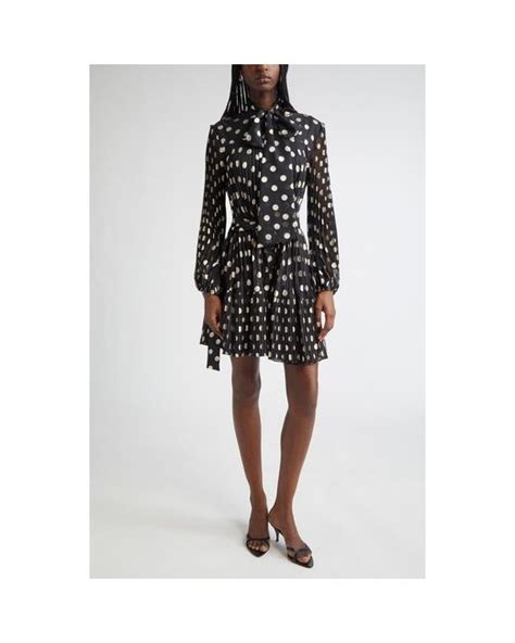 Zimmermann Polka Dot Long Sleeve Pleated Minidress With Removable Pussy Bow In Black Lyst