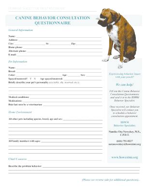 Fillable Online Hswestmi Canine Behavior Consultation Questionnaire