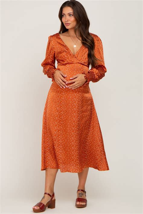 Rust Polka Dot V Neck Satin Maternity Midi Dress Pinkblush