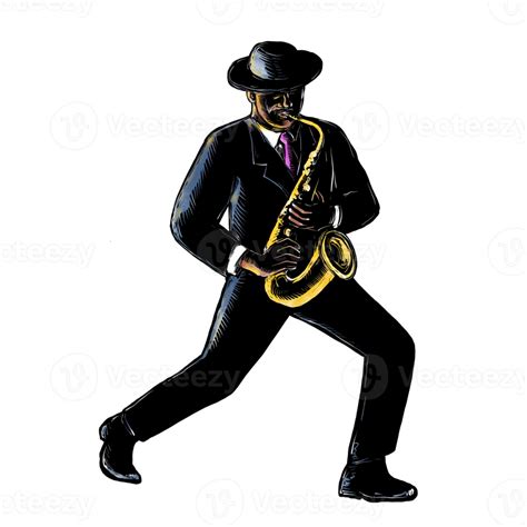 Jazz Musician Playing Saxophone Scratchboard 13146098 Png