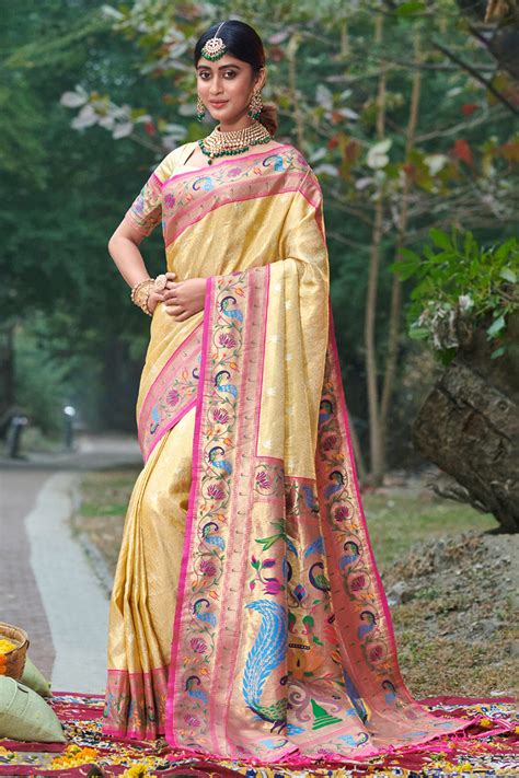 Buy Pastel Cream Paithani Saree Online Karagiri
