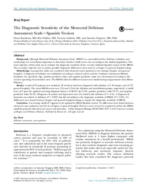 Pdf The Diagnostic Sensitivity Of The Memorial Delirium Assessment Scale Mdas Spanish