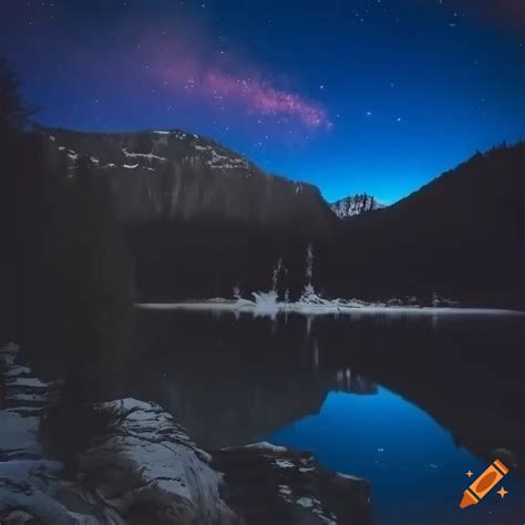 Night Sky With Aurora Borealis Over An Icy Lake