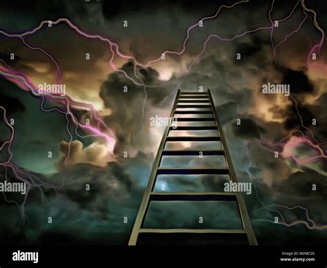 Surreal painting. Stairway to Heaven. Clouds and lightnings Stock Photo ...