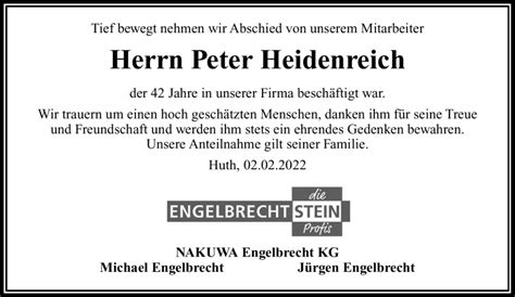 Traueranzeigen Von Peter Heidenreich Nordbayerischer Kurier