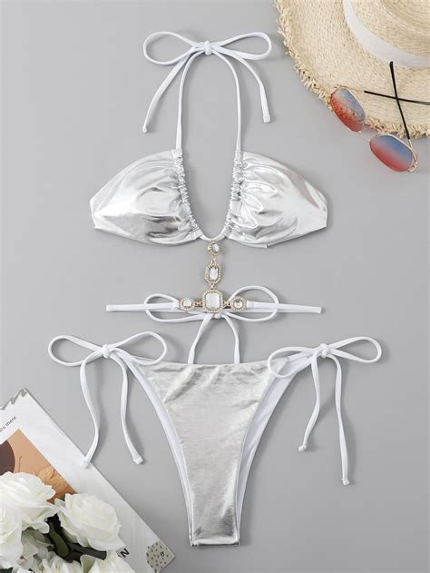 SHEIN Swim SXY Bikini métallique à strass ras du cou à nœud Mode en