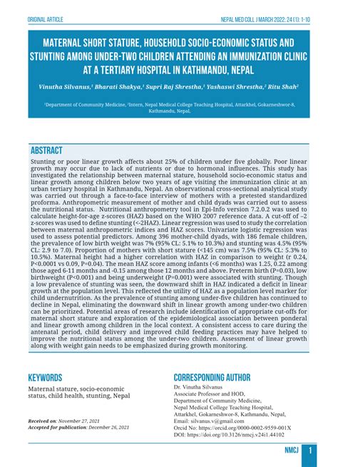 Pdf Maternal Short Stature Household Socio Economic Status And