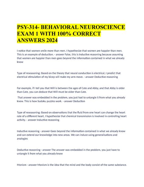 Psy 314 Behavioral Neuroscience Exam 1 With 100 Correct Answers 2024 Psy 314 Behavioral