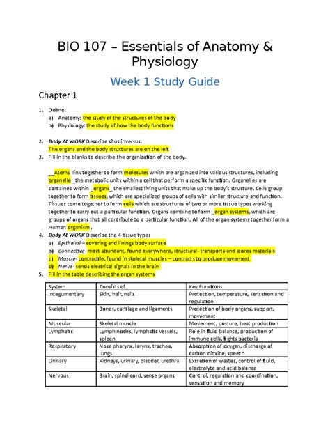 Chapter 1 Anatomy Bio 107 Essentials Of Anatomy And Physiology Week