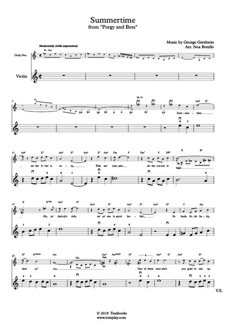 Summertime Beginner Level Gershwin Violin Sheet Music