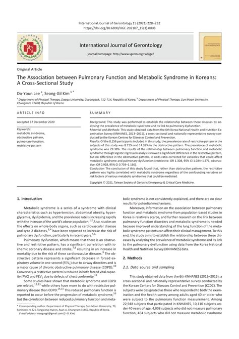 Pdf The Association Between Pulmonary Function And Metabolic Syndrome