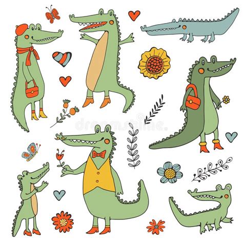 Stunning Hand Drawn Crocodiles Set Stock Vector Illustration Of Funny